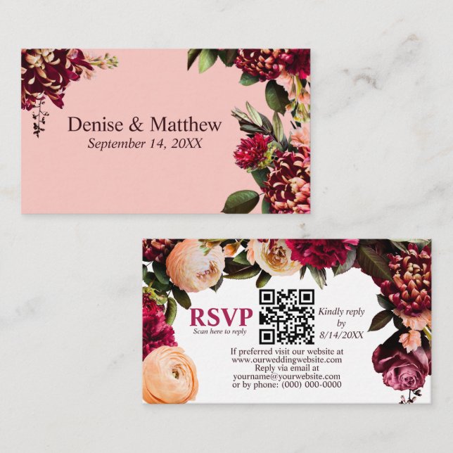 Romantic Chrysanthemum Gossamer Pink RSVP QR Code Enclosure Card (Front/Back)