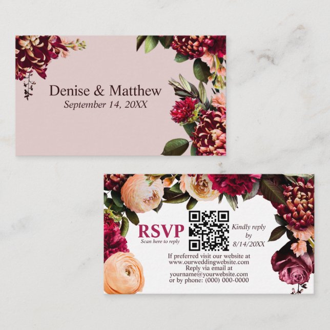 Romantic Chrysanthemum Mauve Chalk RSVP QR Code Enclosure Card (Front/Back)