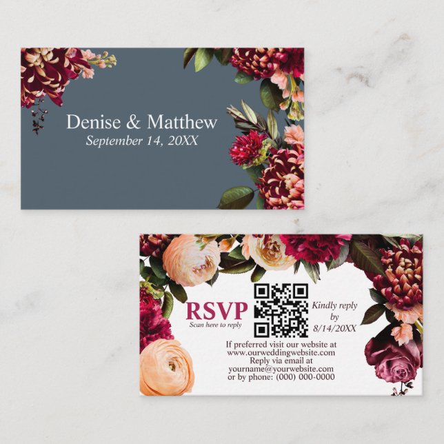 Romantic Chrysanthemum Midnight Teal RSVP QR Code Enclosure Card (Front/Back)