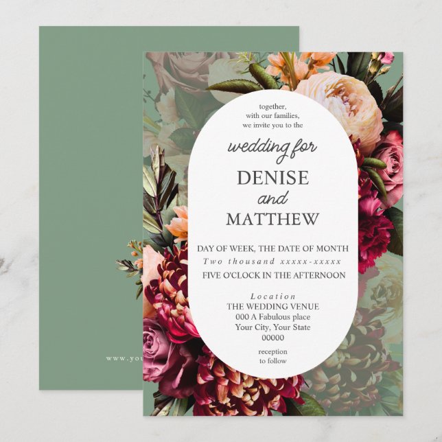 Romantic Chrysanthemum on Basil Green Wedding Invitation (Front/Back)