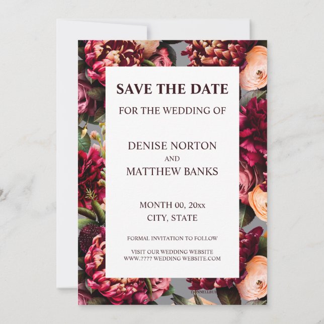 Romantic Chrysanthemum on Chiseled Stone Save Date Invitation (Back)