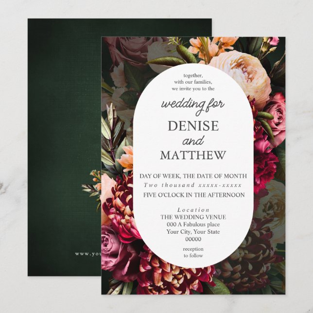 Romantic Chrysanthemum on Emerald Wedding Invitation (Front/Back)