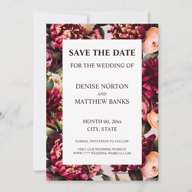 Romantic Chrysanthemum on Mauve Chalk Save Date Invitation (Back)