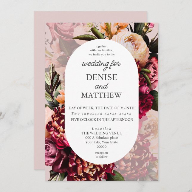 Romantic Chrysanthemum on Mauve Chalk Wedding Invitation (Front/Back)