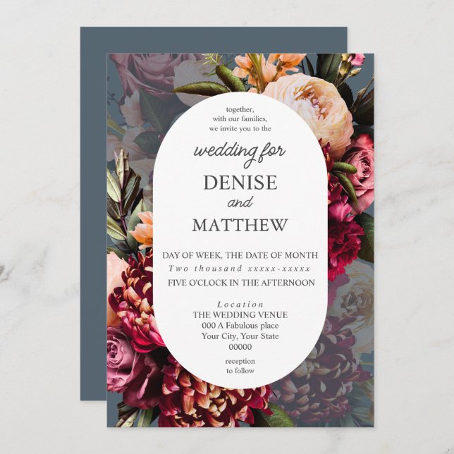Romantic Chrysanthemum on Midnight Teal Wedding Invitation (Front/Back)