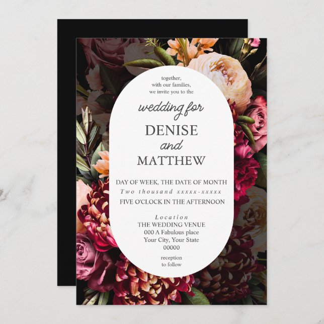 Romantic Chrysanthemum on True Black Invitation (Front/Back)