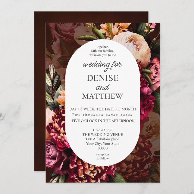 Romantic Chrysanthemum on Wine Wedding Invitation (Front/Back)