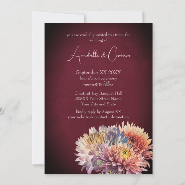 Romantic Chrysanthemums on Burgundy Invitation (Front)