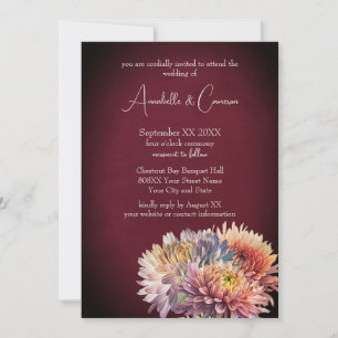 Romantic Chrysanthemums on Burgundy Invitation