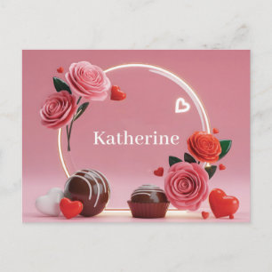 Romantic Circular Glass Frame with Roses and Name Postcard