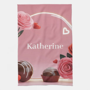 Romantic Circular Glass Frame with Roses and Name Tea Towel