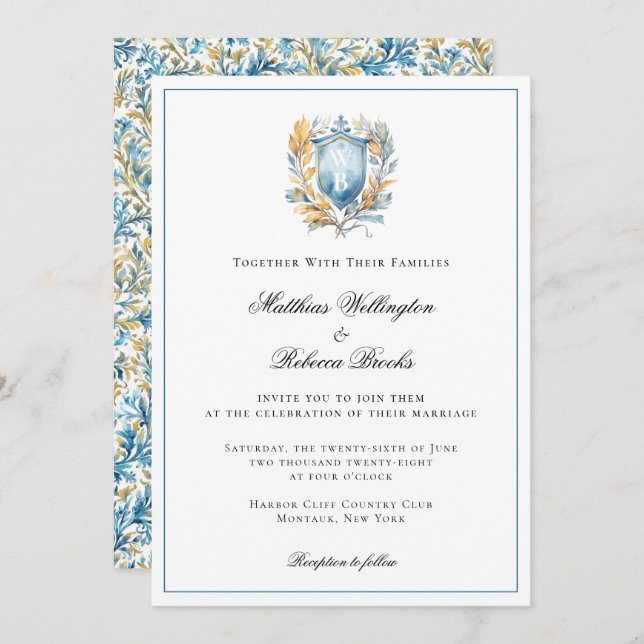 Romantic Classic Blue Crest Monogram Wedding Invitation (Front/Back)