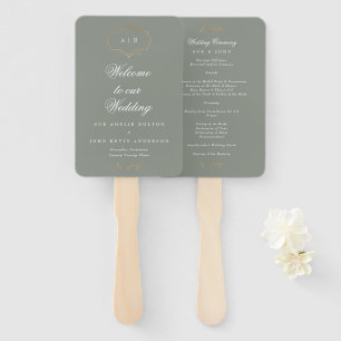 romantic classic gold monogram sage green wedding hand fan