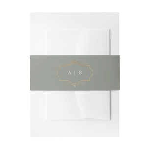 romantic classic gold monogram sage green wedding invitation belly band