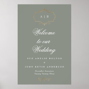 romantic classic gold monogram sage green wedding poster
