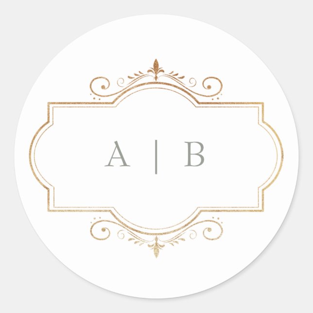 romantic classic gold monogram sage green wedding round sticker (Front)