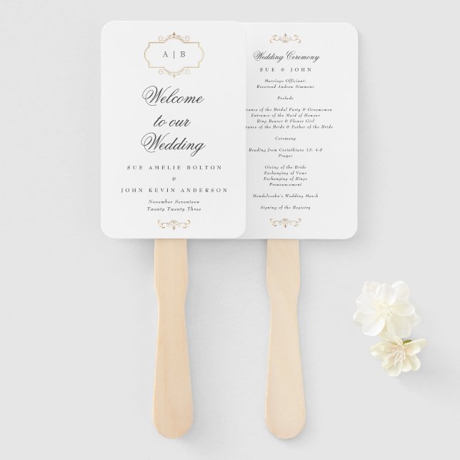romantic classic gold monogram wedding hand fan (Front and Back)