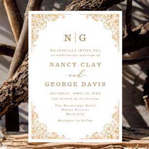 Romantic Classic Monogram Gold Ornate Wedding Invitation