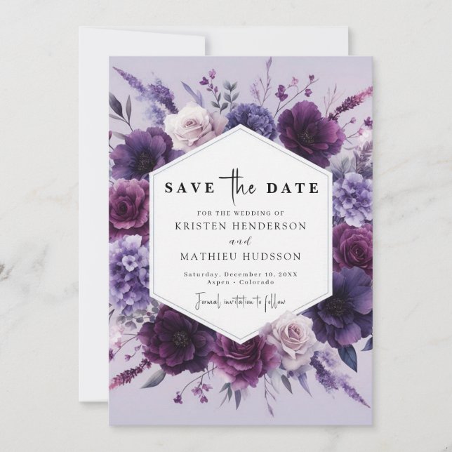 Romantic Classic Purple Floral Wedding Save The Date (Front)