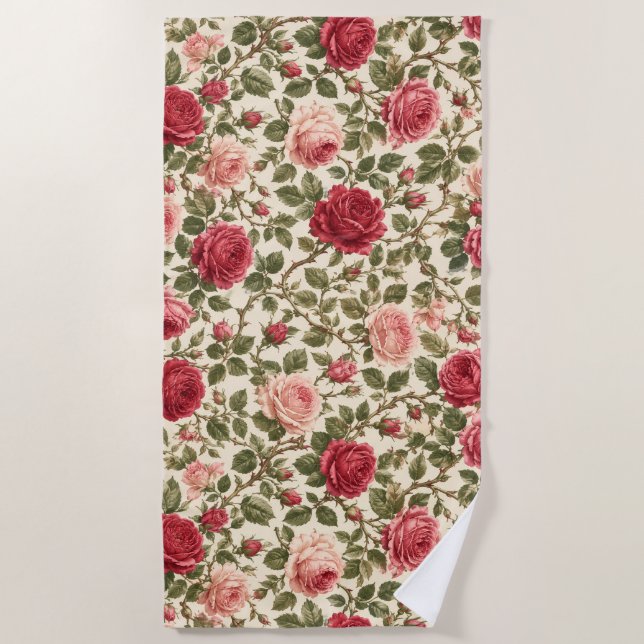 Romantic Classic Rose Vine Art Beach Towel (Front)