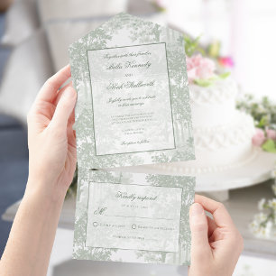 Romantic Classic Sage Green Landscape Toile All In One Invitation