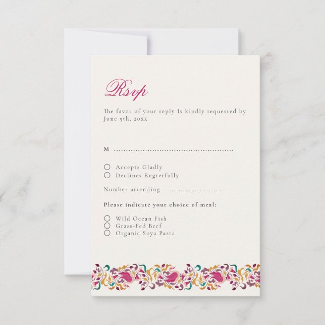 Romantic Classical Pearl Swan Floral Frame Wedding RSVP Card (Front)