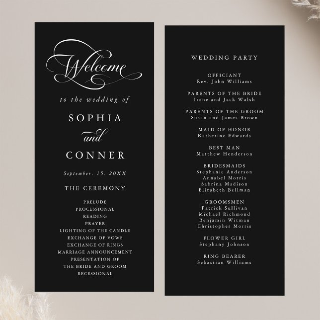Romantic Classy Calligraphy Wedding Black Ceremony Programme (Front & Back)