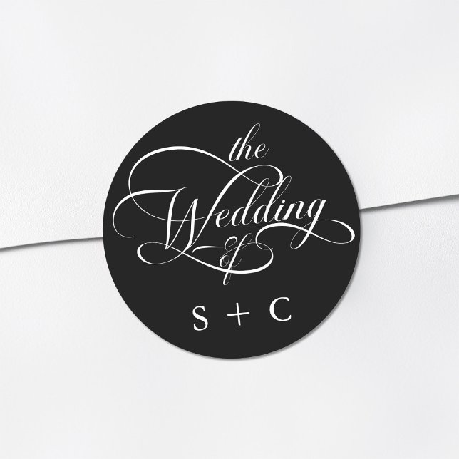 Romantic Classy Calligraphy Wedding Black Classic Round Sticker (Creator Uploaded)