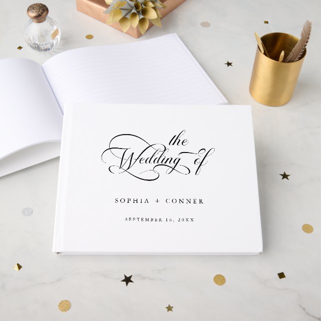Romantic Classy Calligraphy Wedding Black & White  Guest Book (Front Open)