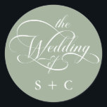 Romantic Classy Calligraphy Wedding Sage Green Classic Round Sticker<br><div class="desc">Simple sage green and white wedding sticker features elegant,  romantic swirly calligraphy lettering with initials. For more advanced customisation of this design,  please click the BLUE DESIGN TOOL BUTTON above!</div>