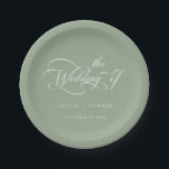 Romantic Classy Calligraphy Wedding Sage Green Paper Plate<br><div class="desc">Simple sage green wedding paper plate features elegant,  romantic swirly calligraphy lettering with your names. For more advanced customisation of this design,  please click the BLUE DESIGN TOOL BUTTON above!</div>