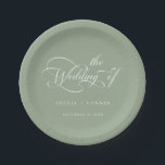 Romantic Classy Calligraphy Wedding Sage Green Paper Plate<br><div class="desc">Simple sage green wedding paper plate features elegant,  romantic swirly calligraphy lettering with your names. For more advanced customisation of this design,  please click the BLUE DESIGN TOOL BUTTON above!</div>
