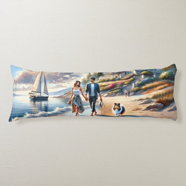 Romantic Coastal Cottage Sunset Stroll Body Cushion (Front)
