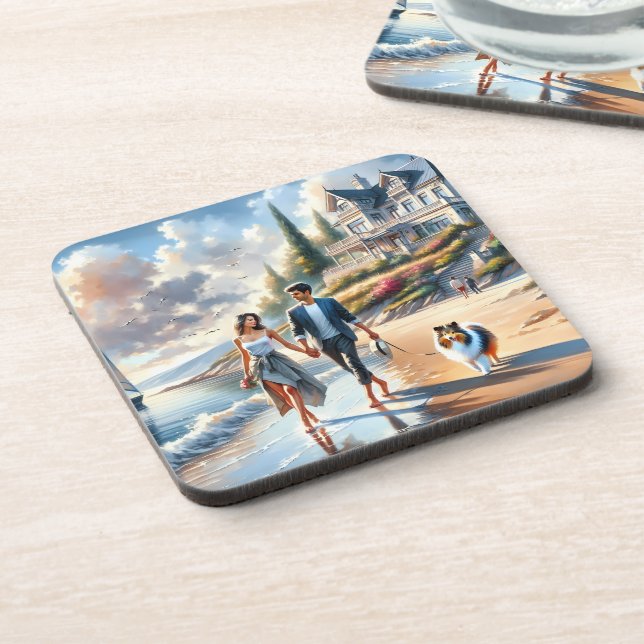 Romantic Coastal Cottage Sunset Stroll Coaster (Left Side)