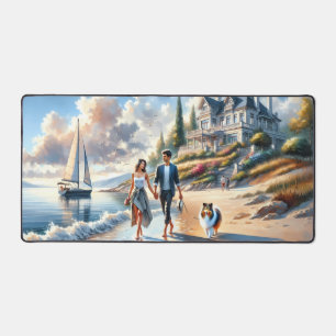 Romantic Coastal Cottage Sunset Stroll Desk Mat