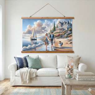 Romantic Coastal Cottage Sunset Stroll Hanging Tapestry