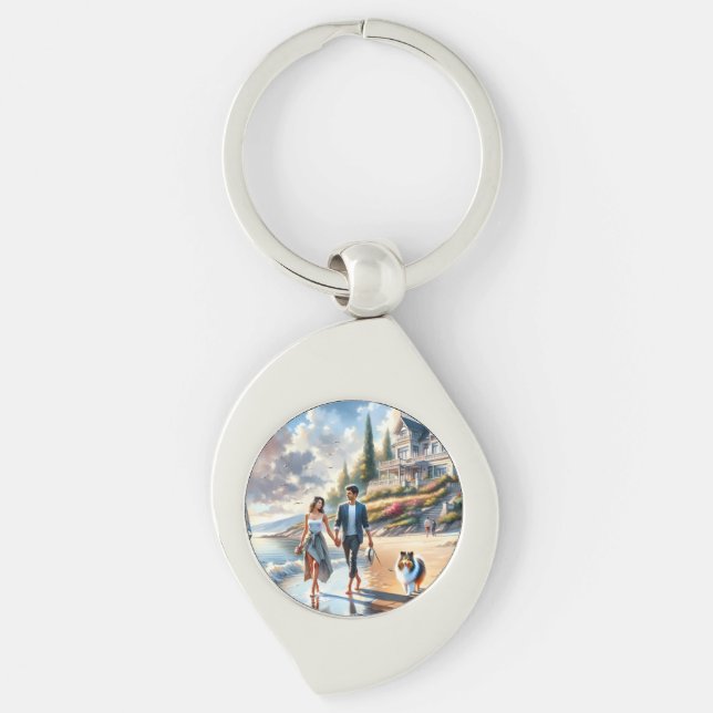 Romantic Coastal Cottage Sunset Stroll Key Ring (Front)