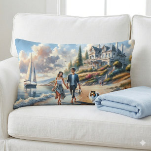 Romantic Coastal Cottage Sunset Stroll Lumbar Cushion