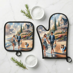 Romantic Coastal Cottage Sunset Stroll Oven Mitt & Pot Holder Set