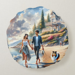 Romantic Coastal Cottage Sunset Stroll Round Cushion
