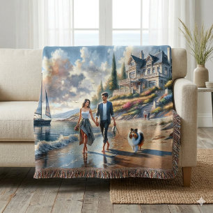 Romantic Coastal Cottage Sunset Stroll Throw Blanket