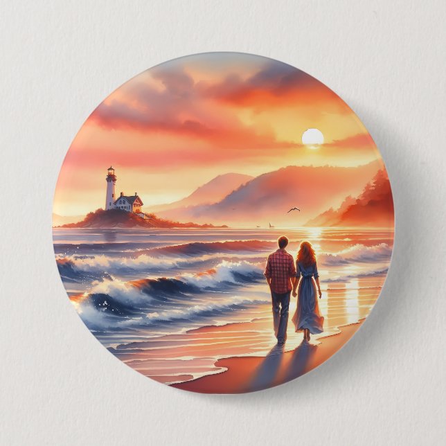 Romantic Coastal Sunset Lighthouse Walk 7.5 Cm Round Badge (Front)