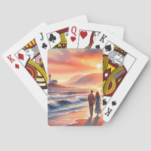 Romantic Coastal Sunset Lighthouse Walk Playing Cards