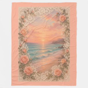 Romantic Coastal Sunset: Peach Roses & Vintage Fleece Blanket