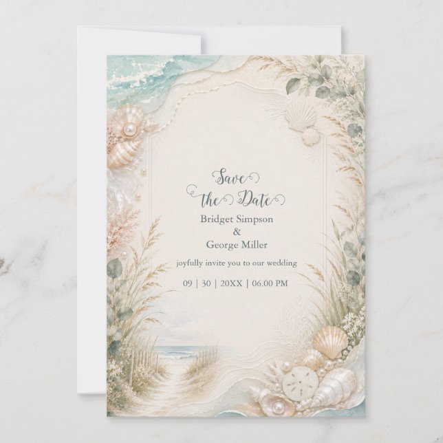 Romantic Coastal Watercolor Beach Wedding Invitation (Front)