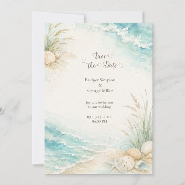 Romantic Coastal Wedding Watercolor Beach Invitation (Front)