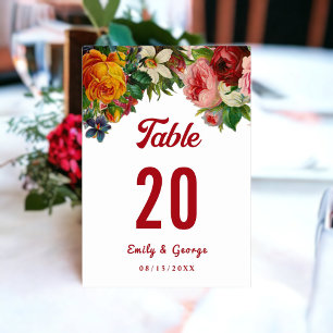 Romantic Colourful Roses Elegant Floral Wedding Table Number