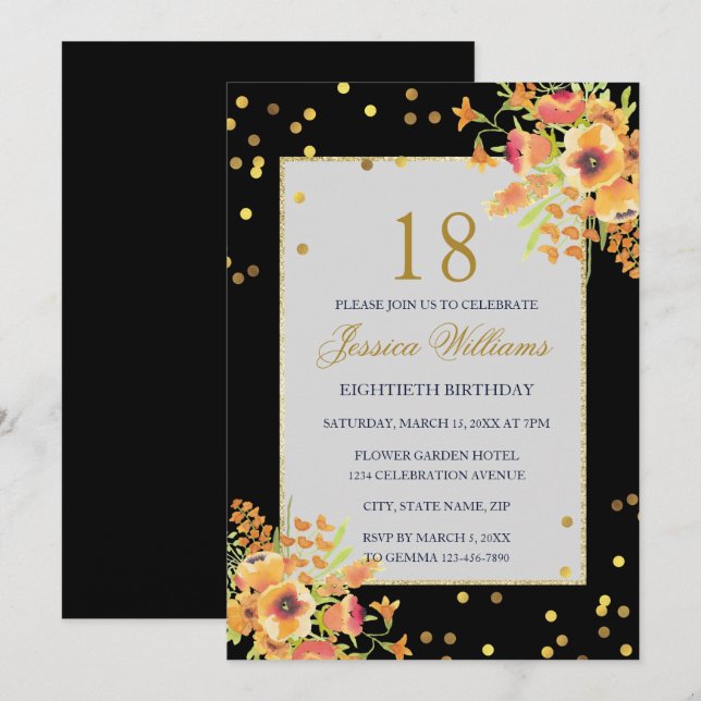 Romantic Confetti & Corner Bouquets 18th Birthday Invitation (Front/Back)