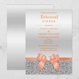 Romantic Cora Bow, Silver Glitter Rehearsal Dinner Invitation