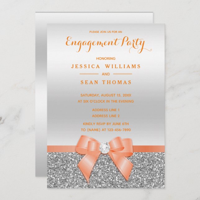Romantic Coral Bow, Silver Glitter Engagement Invitation (Front/Back)